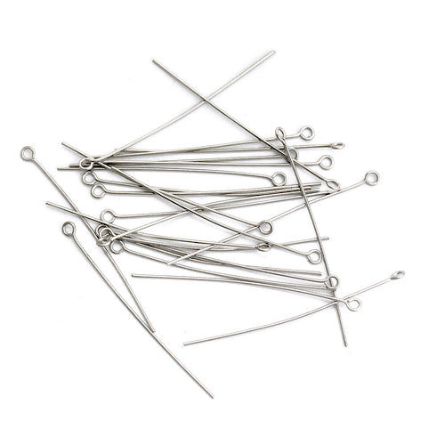 Eye Pins, Stainless Steel, Silver, 21 Gauge, 65mm - BEADED CREATIONS