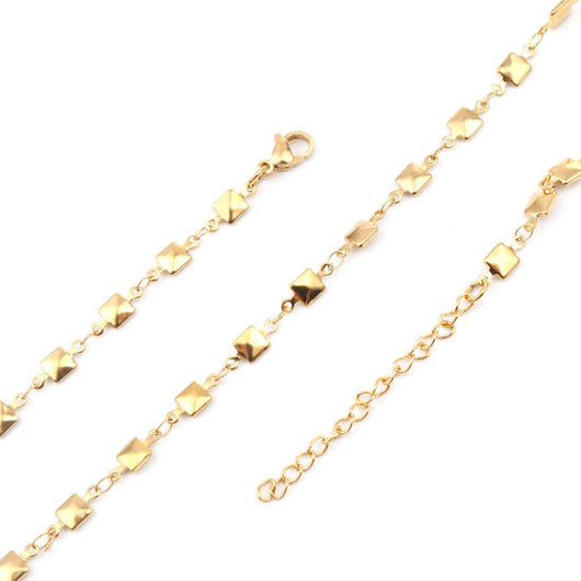 Faceted Square Link Chain Necklace, Stainless Steel, Golden, 45cm - BEADED CREATIONS