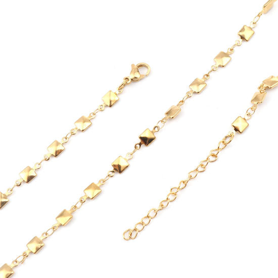 Faceted Square Link Chain Necklace, Stainless Steel, Golden, 45cm - BEADED CREATIONS