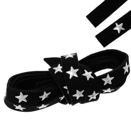 Faux Suede Cord, Flat, Black, Silver Studded Stars, 10mm - BEADED CREATIONS