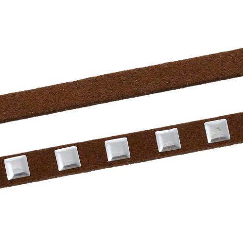 Faux Suede Cord, Flat, Brown, Silver Studded Square, 6.7mm - BEADED CREATIONS