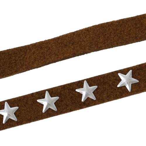 Faux Suede Cord, Flat, Brown, Silver Studded Stars, 10mm - BEADED CREATIONS