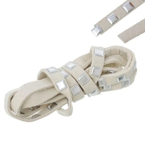 Faux Suede Cord, Flat, Ivory, Silver Studded Square, 6.7mm - BEADED CREATIONS