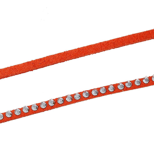 Faux Suede Cord, Flat, Orange, With Studded Rhinestones, 2.6mm - BEADED CREATIONS