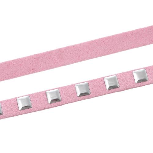 Faux Suede Cord, Flat, Pink, Silver Studded Square, 6.7mm - BEADED CREATIONS
