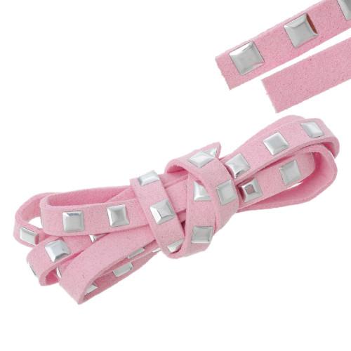 Faux Suede Cord, Flat, Pink, Silver Studded Square, 6.7mm - BEADED CREATIONS