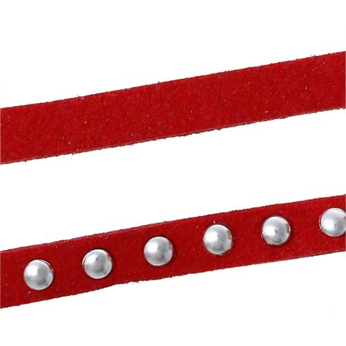 Faux Suede Cord, Flat, Red, Silver Studded Round Rivets, 7mm - BEADED CREATIONS