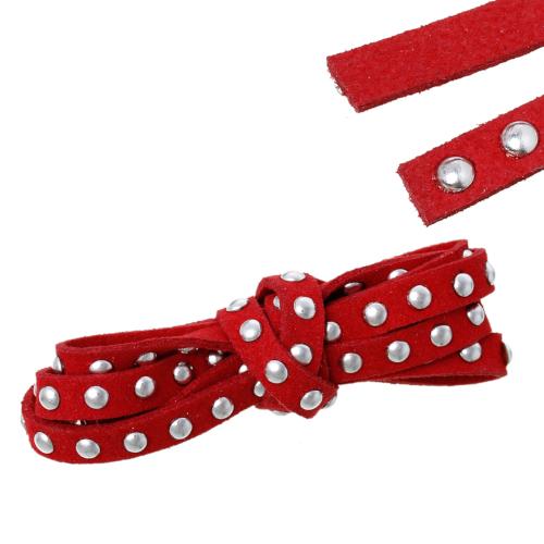 Faux Suede Cord, Flat, Red, Silver Studded Round Rivets, 7mm - BEADED CREATIONS