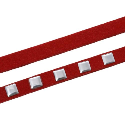 Faux Suede Cord, Flat, Red, Silver Studded Square, 6.7mm - BEADED CREATIONS