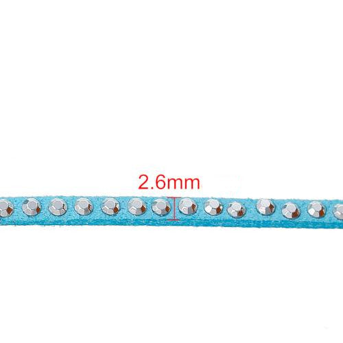 Faux Suede Cord, Flat, Sky Blue, With Studded Rhinestones, 2.6mm - BEADED CREATIONS