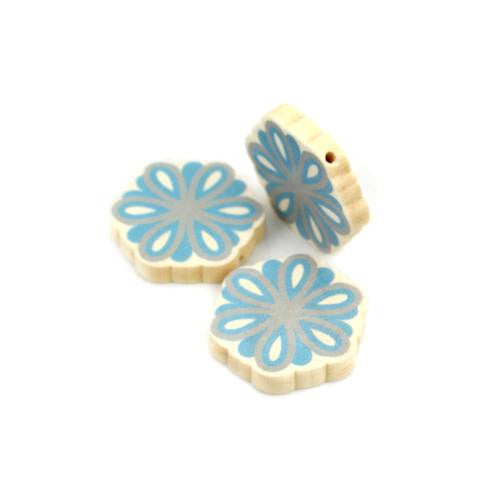 Flower Wood Beads, Printed, Blue, Grey, 28mm - BEADED CREATIONS