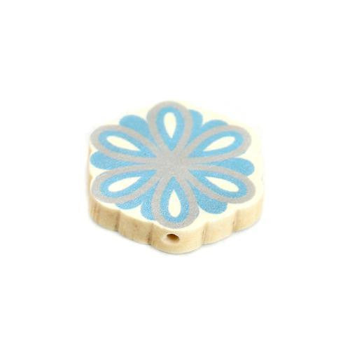 Flower Wood Beads, Printed, Blue, Grey, 28mm - BEADED CREATIONS