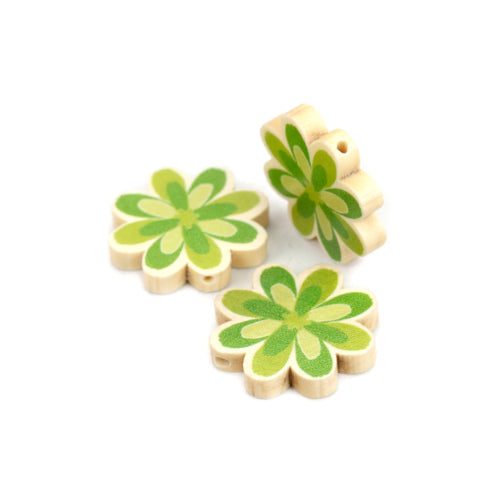 Flower Wood Beads, Printed, Green, 29mm - BEADED CREATIONS