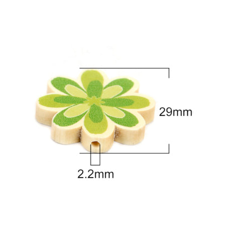 Flower Wood Beads, Printed, Green, 29mm - BEADED CREATIONS