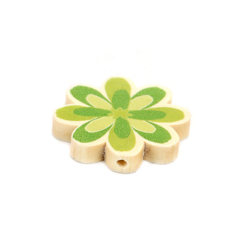 Flower Wood Beads, Printed, Green, 29mm - BEADED CREATIONS