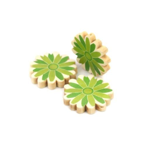 Flower Wood Beads, Printed, Green, 30mm - BEADED CREATIONS