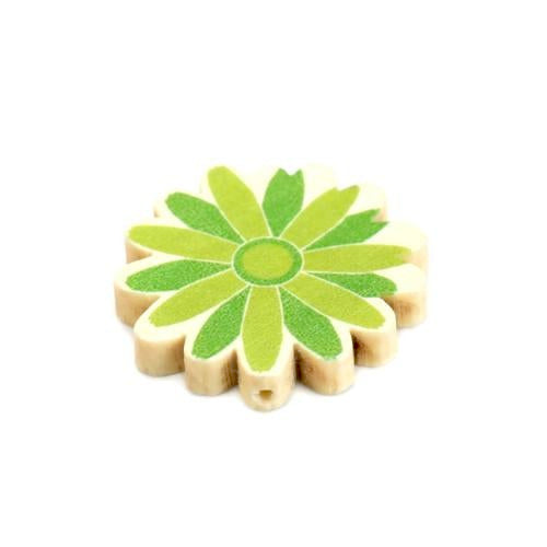 Flower Wood Beads, Printed, Green, 30mm - BEADED CREATIONS