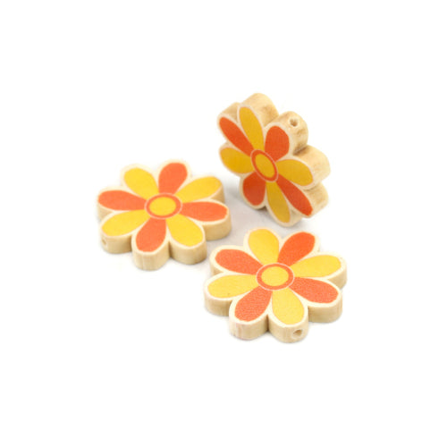 Flower Wood Beads, Printed, Orange, Yellow, 29mm - BEADED CREATIONS