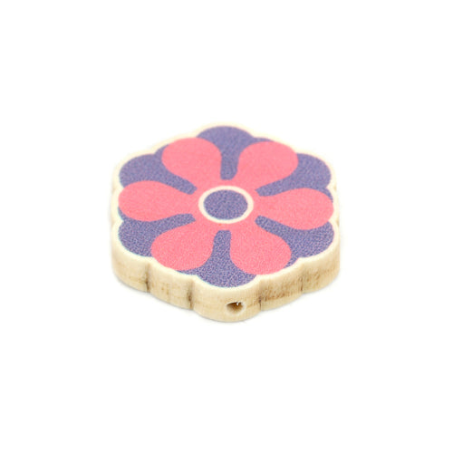 Flower Wood Beads, Printed, Pink, Purple, 28mm - BEADED CREATIONS