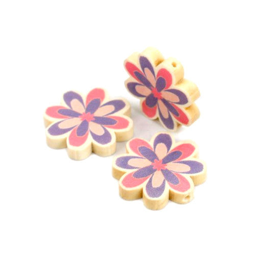 Flower Wood Beads, Printed, Pink, Purple, 29mm - BEADED CREATIONS