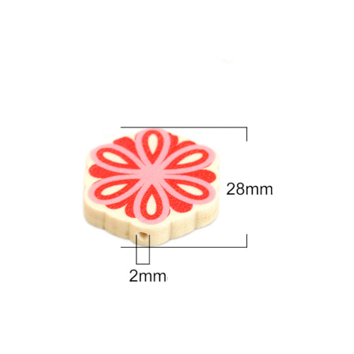 Flower Wood Beads, Printed, Pink, Red, 28mm - BEADED CREATIONS