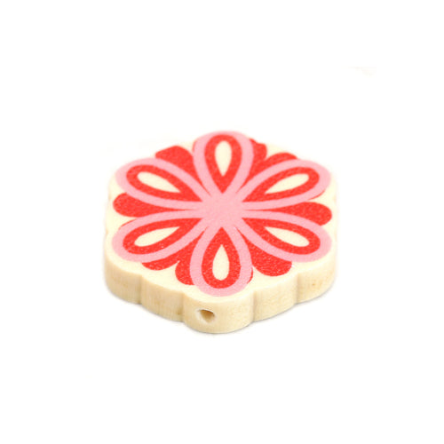 Flower Wood Beads, Printed, Pink, Red, 28mm - BEADED CREATIONS