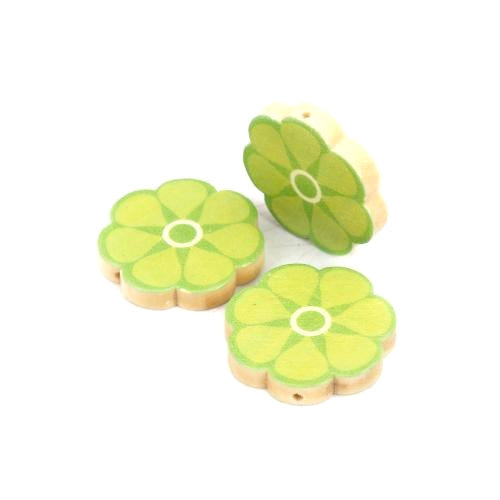 Flower Wood Beads, Printed, Yellow, Green, 30mm - BEADED CREATIONS