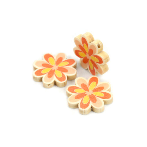 Flower Wood Beads, Printed, Yellow, Orange, 29mm - BEADED CREATIONS