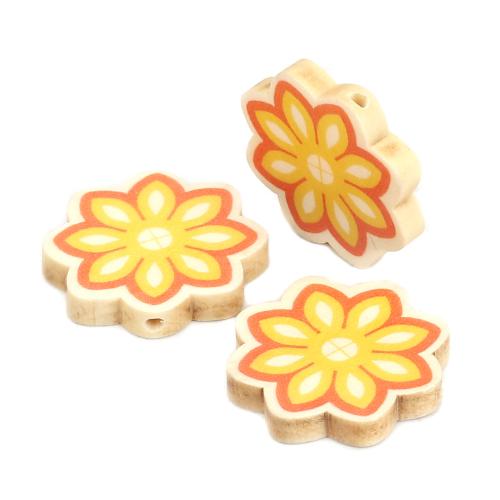 Flower Wood Beads, Printed, Yellow, Orange, 32mm - BEADED CREATIONS