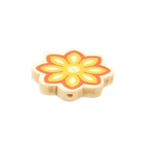 Flower Wood Beads, Printed, Yellow, Orange, 32mm - BEADED CREATIONS