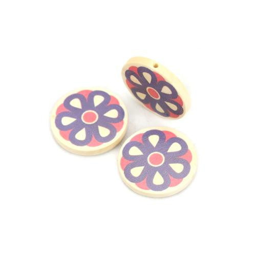 Flower Wood Beads, Round, Printed, Pink, Purple, 30mm - BEADED CREATIONS