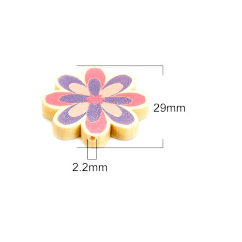 Flower Wood Beads, Printed, Pink, Purple, 29mm - BEADED CREATIONS