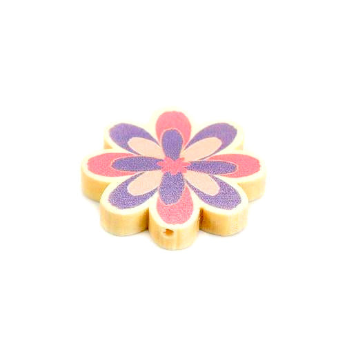 Flower Wood Beads, Printed, Pink, Purple, 29mm - BEADED CREATIONS