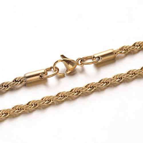 French Rope Chain Necklace, 3mm, Stainless Steel, Golden, 61cm - BEADED CREATIONS