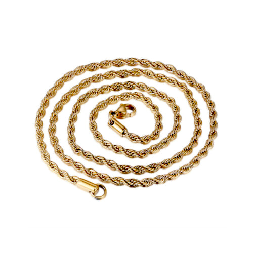 French Rope Chain Necklace, 3mm, Stainless Steel, Gold Plated, 61cm - BEADED CREATIONS