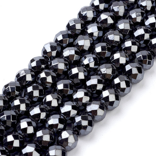 Gemstone Beads, Hematite, Synthetic, Non-Magnetic, Electroplated, Round, Faceted, Black, 4mm - BEADED CREATIONS