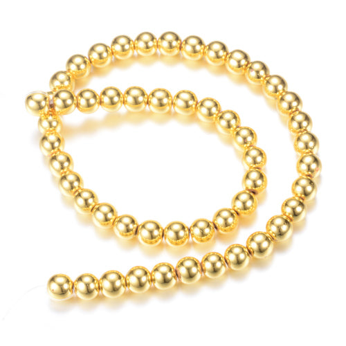 Gemstone Beads, Hematite, Synthetic, Non-Magnetic, Round, Gold Plated, 8mm - BEADED CREATIONS