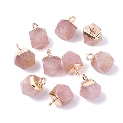Gemstone Charms, Natural, Strawberry Quartz, Faceted, Gold Plated, Iron, Drop, 12mm - BEADED CREATIONS