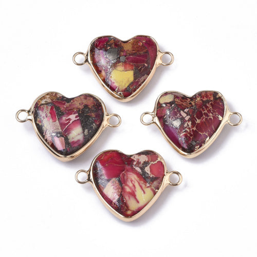 Gemstone Connectors, Heart, Assembled, Synthetic Imperial Jasper, With Gold Plated Brass Loops, 21mm - BEADED CREATIONS