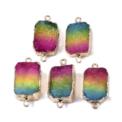 Gemstone Connectors, Natural, Druzy Agate, (Dyed), Rectangle, Multicolored, Golden, Iron, Link, 34-38mm - BEADED CREATIONS