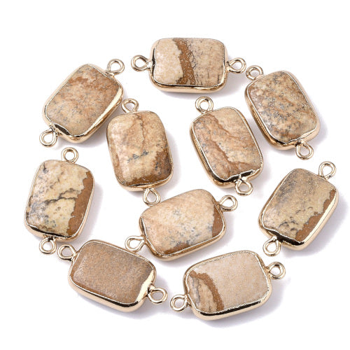 Gemstone Connectors, Natural, Picture Jasper, Rectangle, Golden, Iron, Link, 26-27mm - BEADED CREATIONS