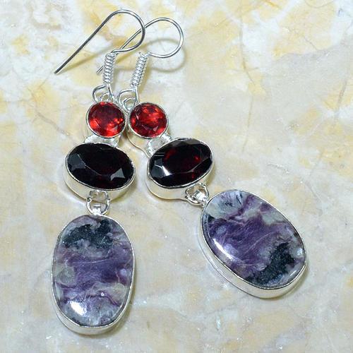 Gemstone Earrings, Sterling Silver, Charoite, Garnet, 6.98cm - BEADED CREATIONS