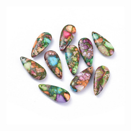 Gemstone Pendants, Assembled, Natural, Imperial Jasper, With Platinum, Teardrop, Multicolored, 35x15mm - BEADED CREATIONS