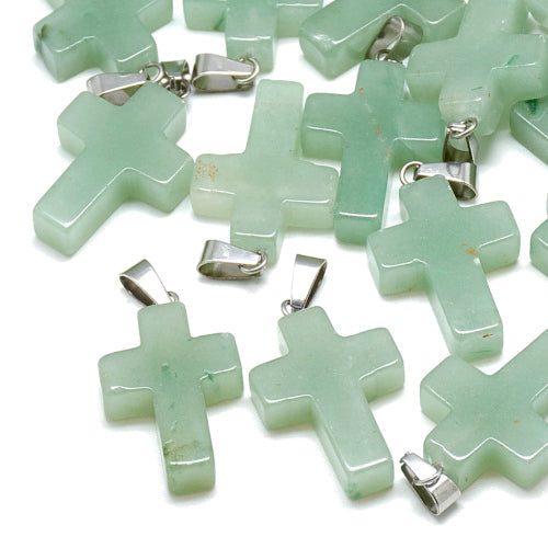 Gemstone Pendants, Cross, Green Aventurine, With Bail, 29-30mm - BEADED CREATIONS