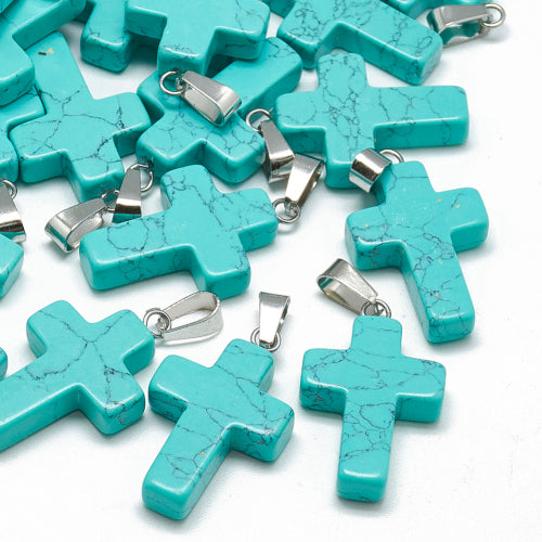 Gemstone Pendants, Cross, Imitation Turquoise, Stainless Steel Snap On Bail, 30mm - BEADED CREATIONS