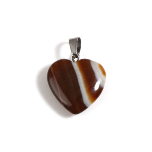 Gemstone Pendants, Natural, Brown, Banded Agate, Heart, With Silver Tone Bail, 30mm - BEADED CREATIONS