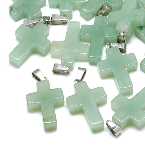 Gemstone Pendants, Natural, Green Aventurine, Cross, With Stainless Steel Snap On Bail, 29-30mm - BEADED CREATIONS
