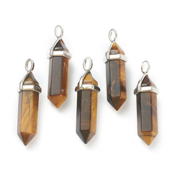 Gemstone Pendants, Natural, Tiger Eye, Faceted, Bullet, With Silver Tone Hexagon Bail, 39.5mm - BEADED CREATIONS