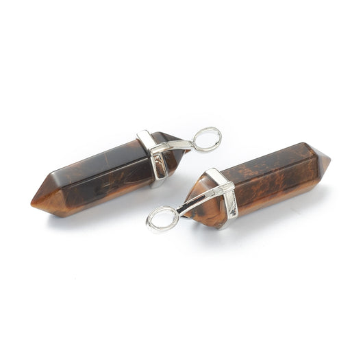 Gemstone Pendants, Natural, Tiger Eye, Faceted, Bullet, With Silver Tone Hexagon Bail, 39.5mm - BEADED CREATIONS