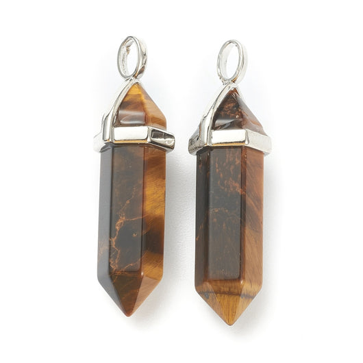 Gemstone Pendants, Natural, Tiger Eye, Faceted, Bullet, With Silver Tone Hexagon Bail, 39.5mm - BEADED CREATIONS